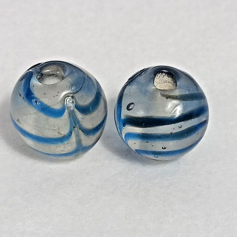 20 Glass Lampwork Beads Lot Mixed Swirls Blue White Red Wide Hole Used Vintage